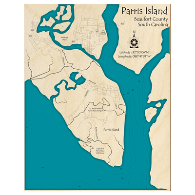 Bathymetric topo map of Parris Island, SC with roads, towns and depths noted in blue water.