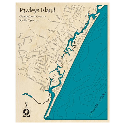 Bathymetric topo map of Pawleys Island, SC with roads, towns and depths noted in blue water.