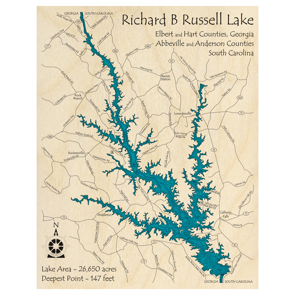 Lake Richard B Russell (GA, SC) 3D Custom Wood Map – Lake Art LLC