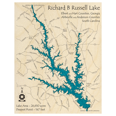 Bathymetric topo map of Lake Richard B Russell (GA, SC) with roads, towns and depths noted in blue water.
