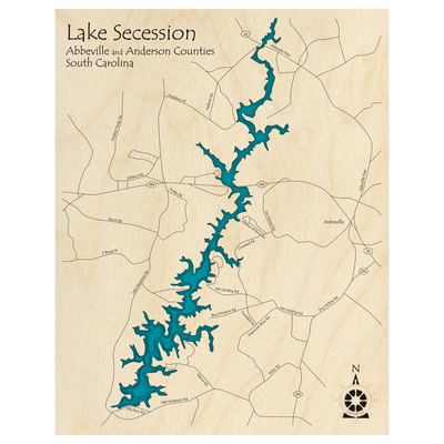 Bathymetric topo map of Secession Lake, SC with roads, towns and depths noted in blue water.