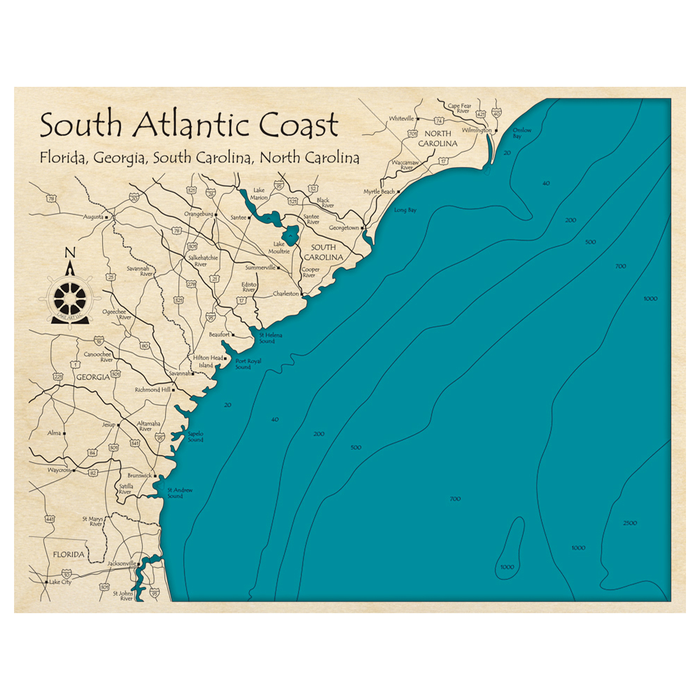 Bathymetric topo map of South Atlantic Coast (FL, GA, NC, SC) with roads, towns and depths noted in blue water.