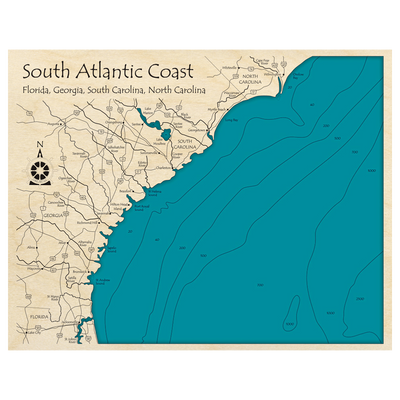 Bathymetric topo map of South Atlantic Coast (FL, GA, NC, SC) with roads, towns and depths noted in blue water.