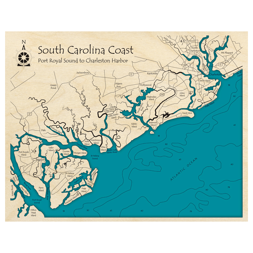 Bathymetric topo map of South Carolina Coast, SC with roads, towns and depths noted in blue water.