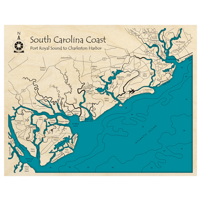 Bathymetric topo map of South Carolina Coast, SC with roads, towns and depths noted in blue water.