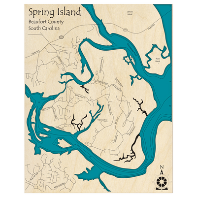 Bathymetric topo map of Spring Island, SC with roads, towns and depths noted in blue water.