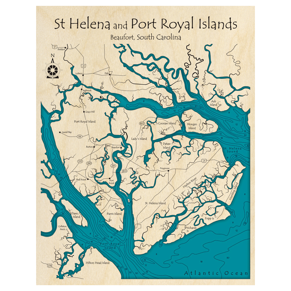 Bathymetric topo map of St Helena and Port Royal Islands, SC with roads, towns and depths noted in blue water.