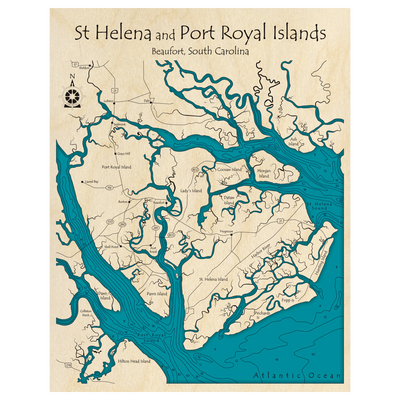 Bathymetric topo map of St Helena and Port Royal Islands, SC with roads, towns and depths noted in blue water.