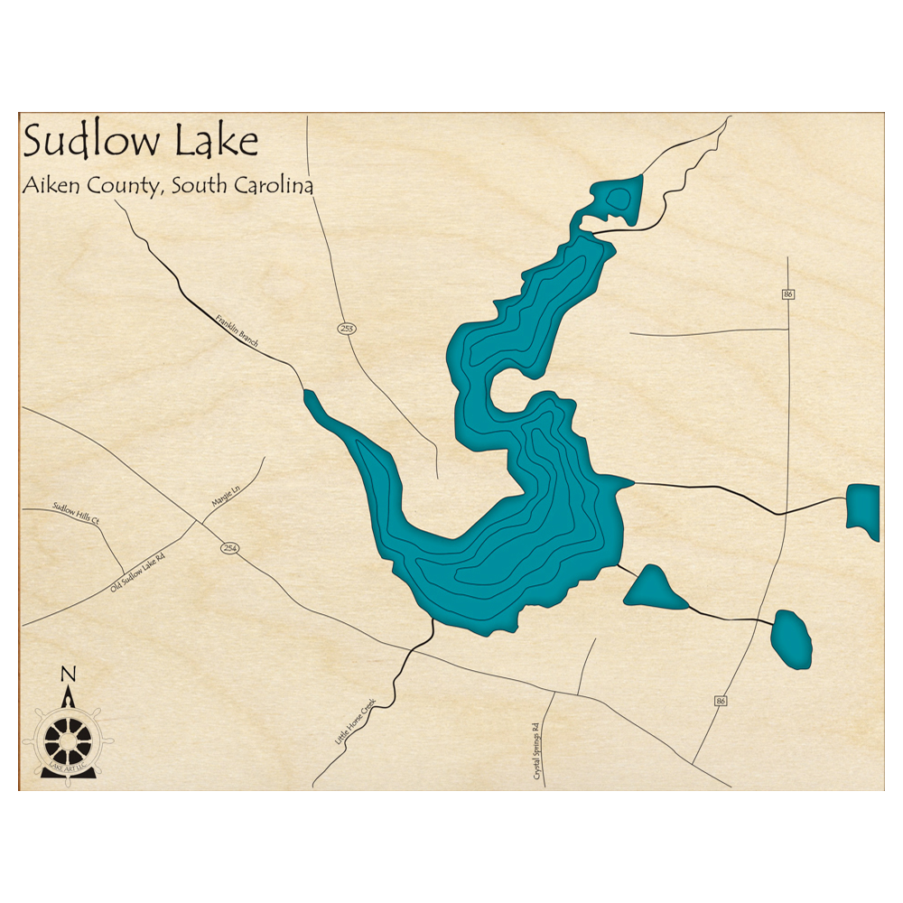 Bathymetric topo map of Sudlow Lake, SC with roads, towns and depths noted in blue water.