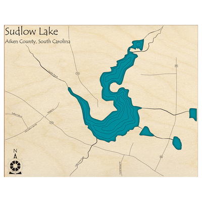 Bathymetric topo map of Sudlow Lake, SC with roads, towns and depths noted in blue water.