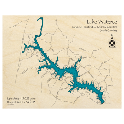 Bathymetric topo map of Lake Wateree, SC with roads, towns and depths noted in blue water.