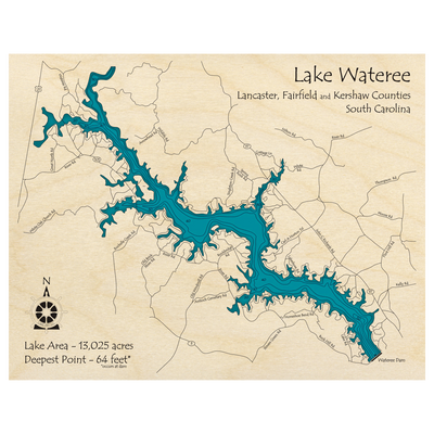 Bathymetric topo map of Lake Wateree, SC with roads, towns and depths noted in blue water.