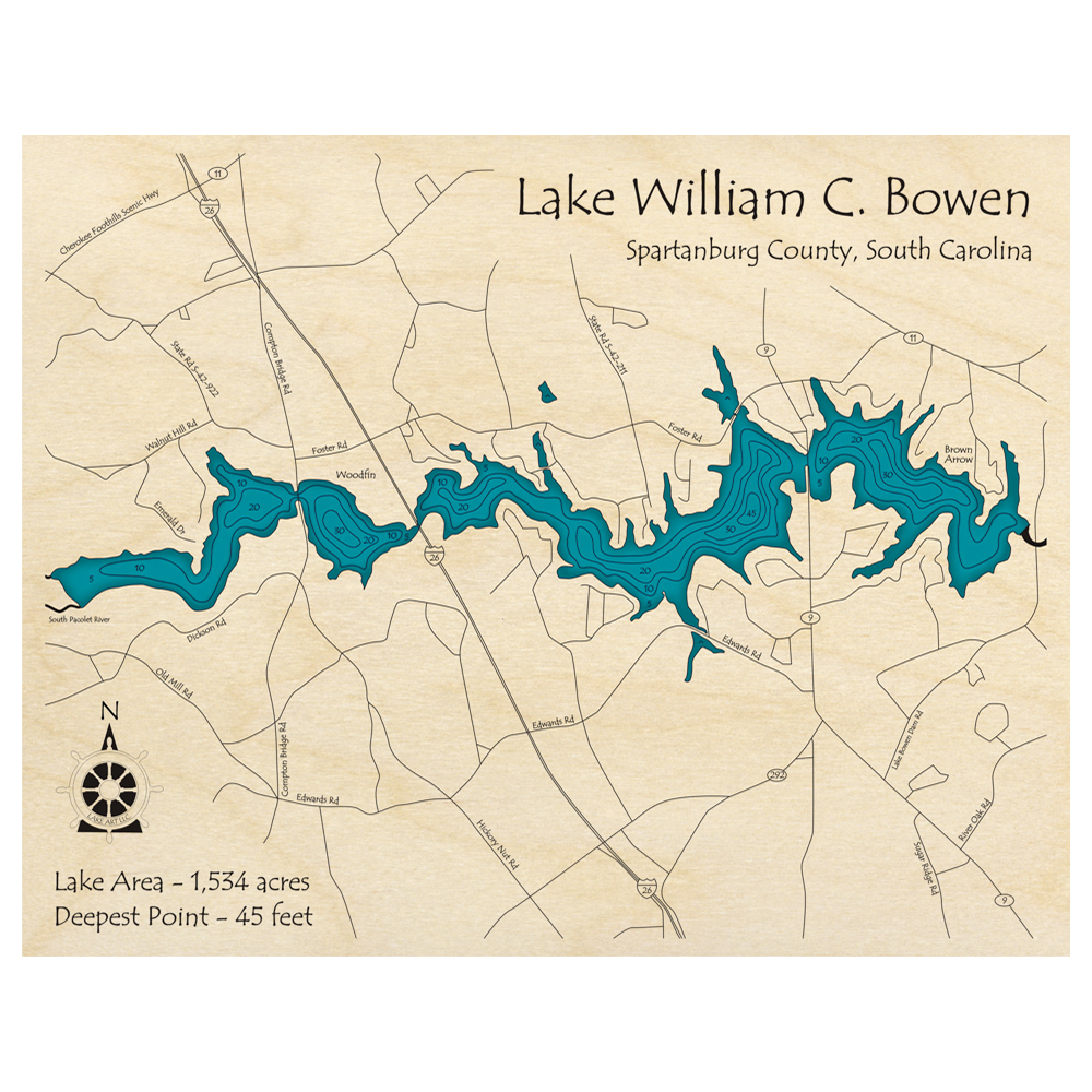 Bathymetric topo map of Lake William C Bowen, SC with roads, towns and depths noted in blue water.
