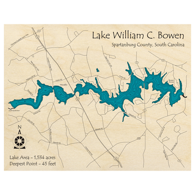 Bathymetric topo map of Lake William C Bowen, SC with roads, towns and depths noted in blue water.