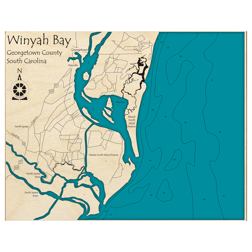 Bathymetric topo map of Winyah Bay, SC with roads, towns and depths noted in blue water.