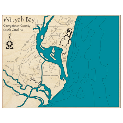 Bathymetric topo map of Winyah Bay, SC with roads, towns and depths noted in blue water.