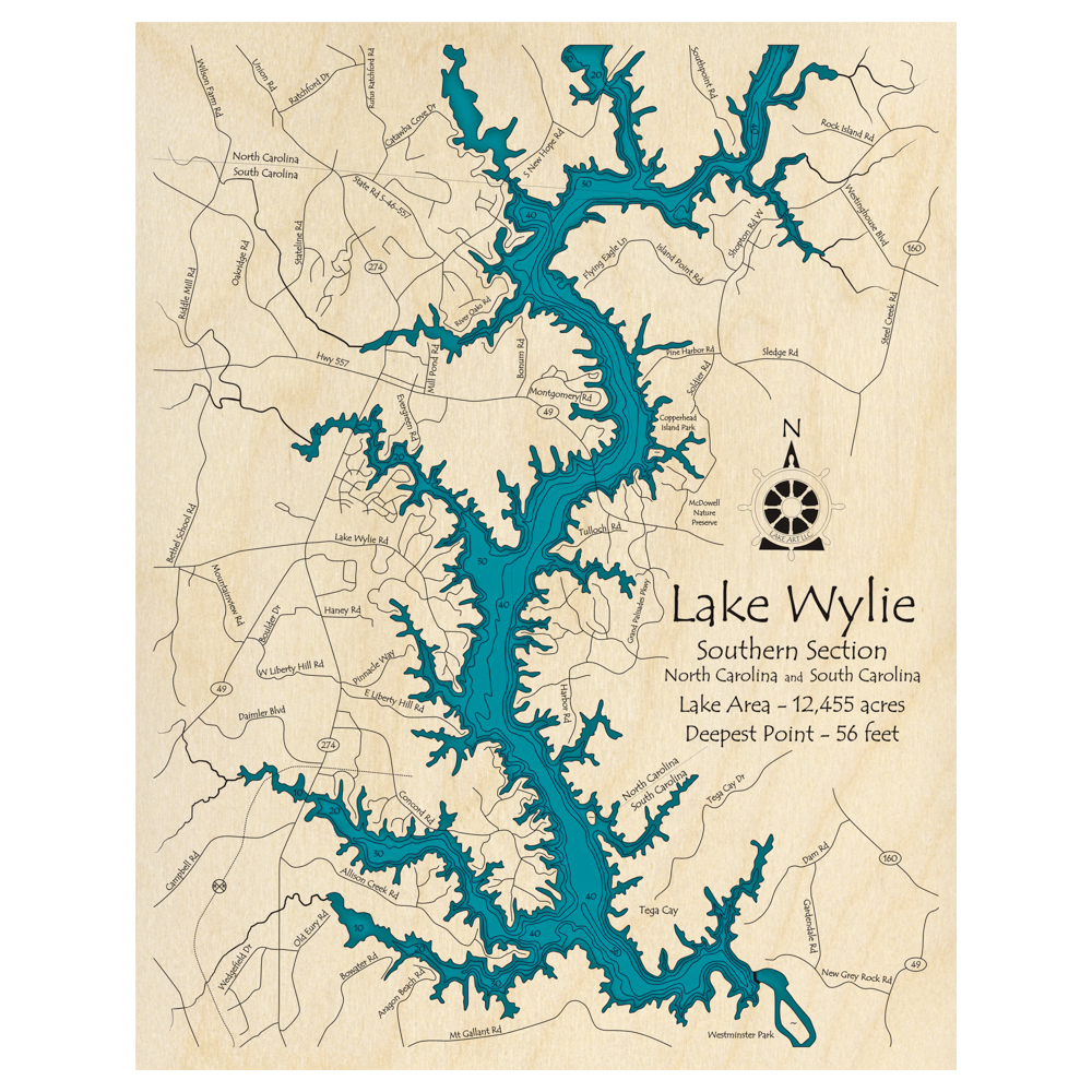 Bathymetric topo map of Lake Wylie, SC with roads, towns and depths noted in blue water.