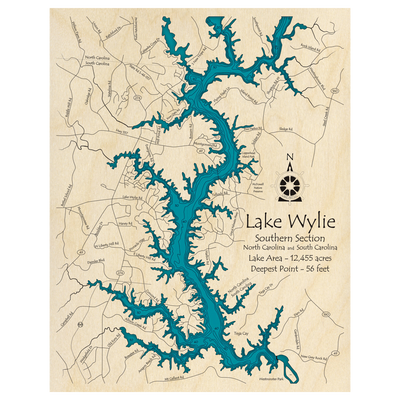 Bathymetric topo map of Lake Wylie, SC with roads, towns and depths noted in blue water.