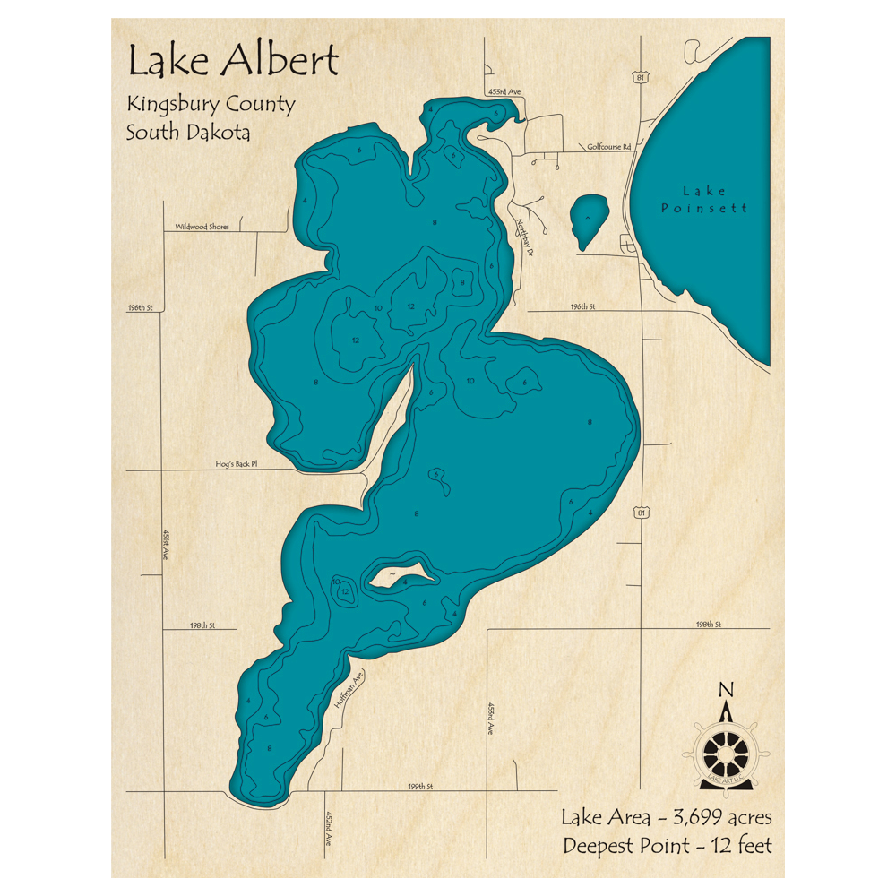 Bathymetric topo map of Lake Albert, SD with roads, towns and depths noted in blue water.