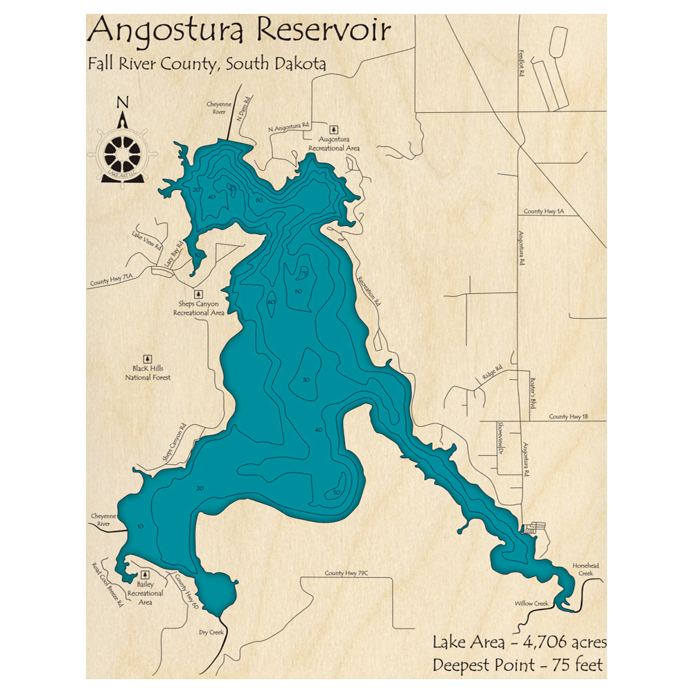 Bathymetric topo map of Angostura Reservoir, SD with roads, towns and depths noted in blue water.