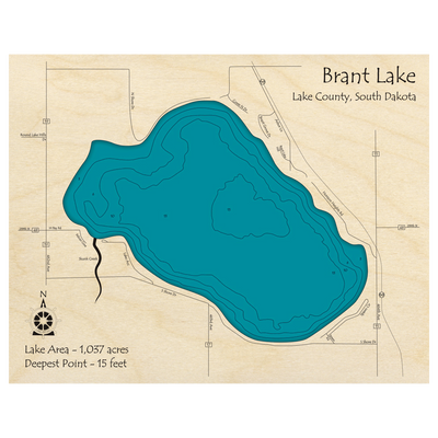 Bathymetric topo map of Brant Lake, SD with roads, towns and depths noted in blue water.