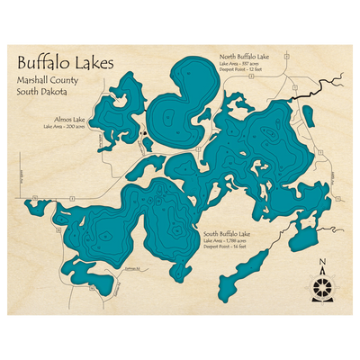 Bathymetric topo map of Buffalo Lakes, SD with roads, towns and depths noted in blue water.