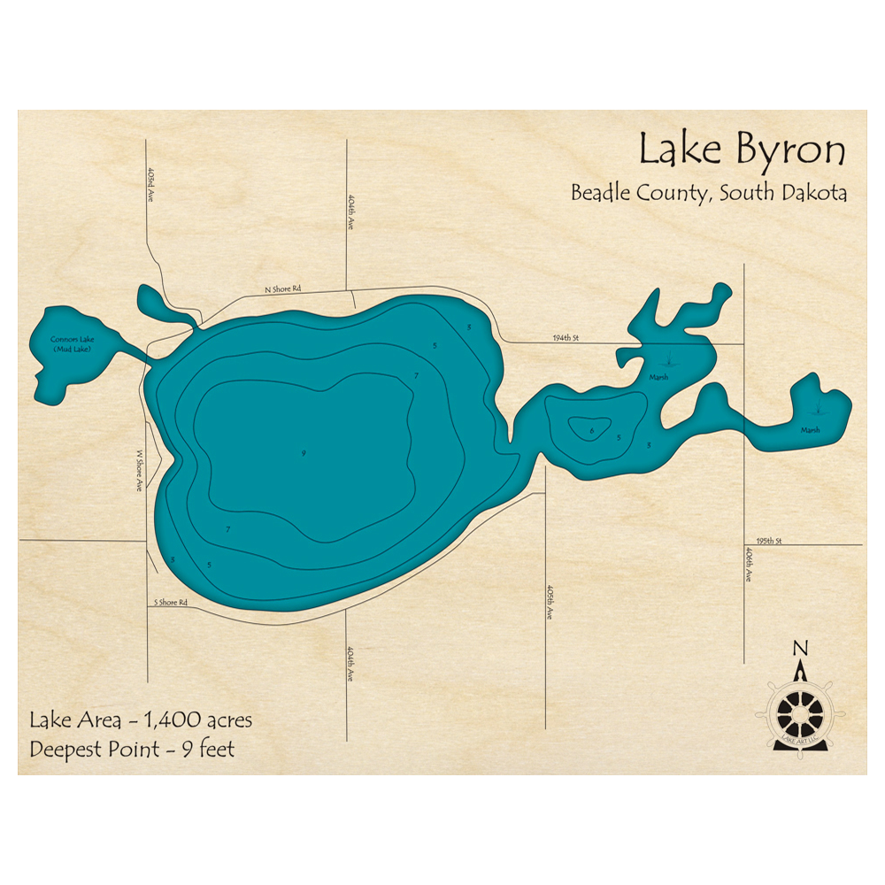Bathymetric topo map of Lake Byron, SD with roads, towns and depths noted in blue water.