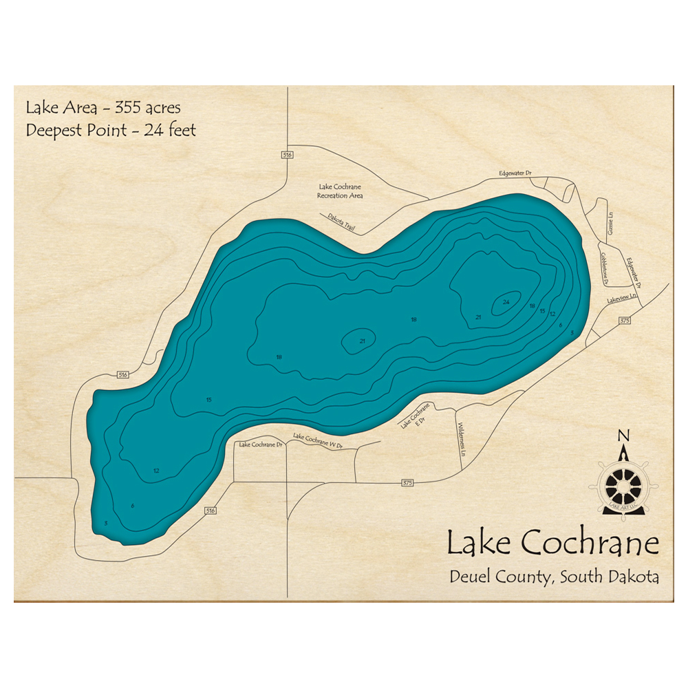 Bathymetric topo map of Lake Cochran, SD with roads, towns and depths noted in blue water.