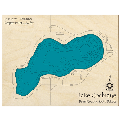 Bathymetric topo map of Lake Cochran, SD with roads, towns and depths noted in blue water.