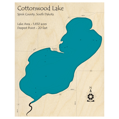 Bathymetric topo map of Cottonwood Lake, SD with roads, towns and depths noted in blue water.