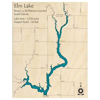 Bathymetric topo map of Elm Lake, SD with roads, towns and depths noted in blue water.
