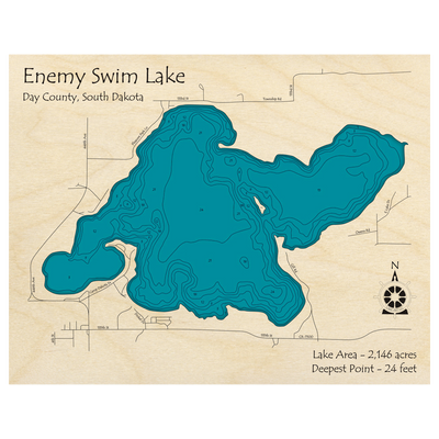 Bathymetric topo map of Enemy Swim Lake, SD with roads, towns and depths noted in blue water.
