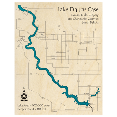 Bathymetric topo map of Lake Francis Case, SD with roads, towns and depths noted in blue water.