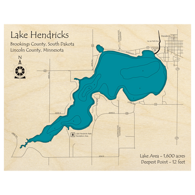 Bathymetric topo map of Lake Hendricks (SD, MN) with roads, towns and depths noted in blue water.