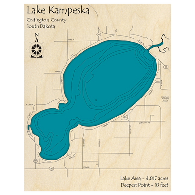 Bathymetric topo map of Lake Kampeska, SD with roads, towns and depths noted in blue water.