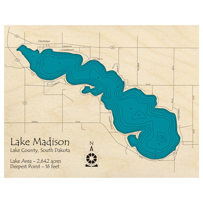 Bathymetric topo map of Lake Madison, SD with roads, towns and depths noted in blue water.