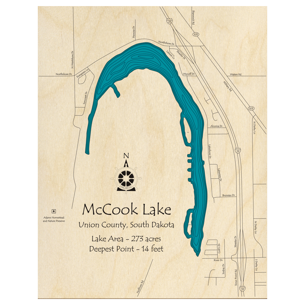 Bathymetric topo map of McCook Lake, SD with roads, towns and depths noted in blue water.