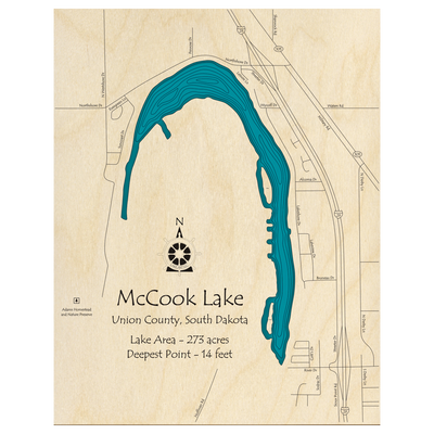 Bathymetric topo map of McCook Lake, SD with roads, towns and depths noted in blue water.