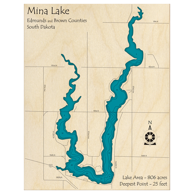 Bathymetric topo map of Mina Lake, SD with roads, towns and depths noted in blue water.