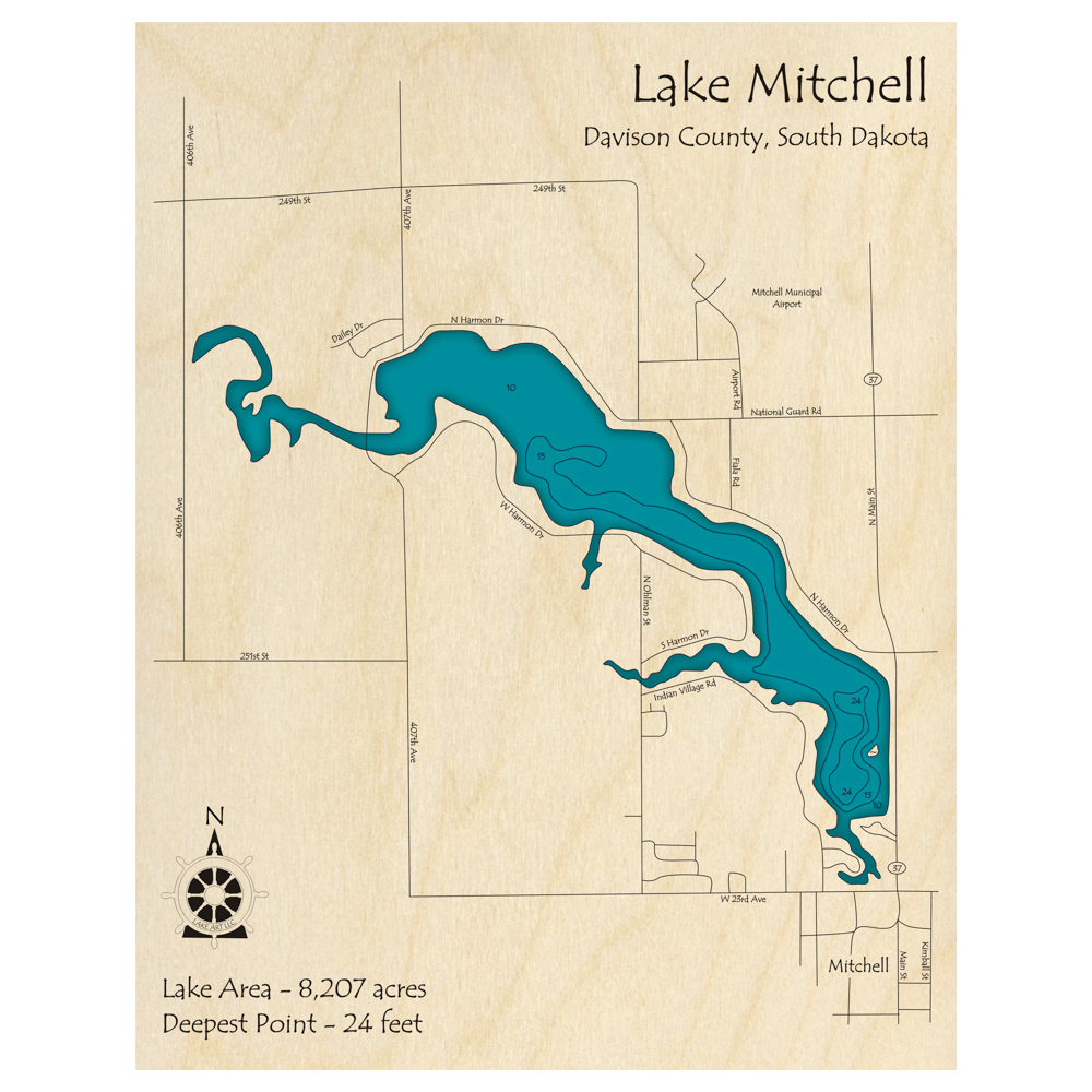 Bathymetric topo map of Lake Mitchell, SD with roads, towns and depths noted in blue water.