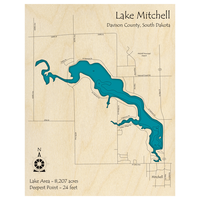 Bathymetric topo map of Lake Mitchell, SD with roads, towns and depths noted in blue water.