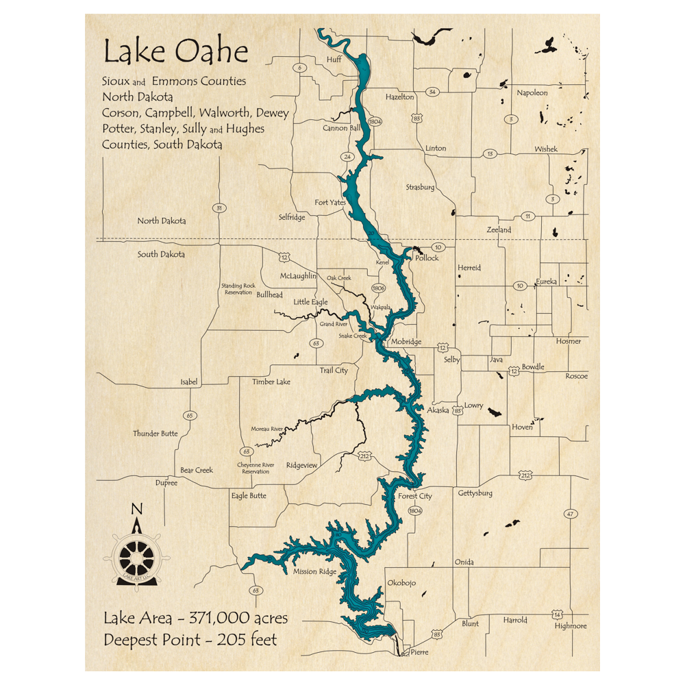 Bathymetric topo map of Lake Oahe (ND, SD) with roads, towns and depths noted in blue water.