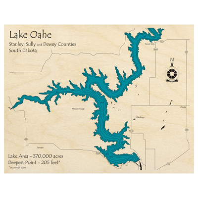 Bathymetric topo map of Oahe, SD with roads, towns and depths noted in blue water.