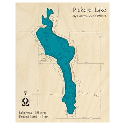 Bathymetric topo map of Pickerel Lake, SD with roads, towns and depths noted in blue water.