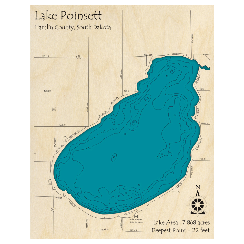 Bathymetric topo map of Lake Poinsett, SD with roads, towns and depths noted in blue water.