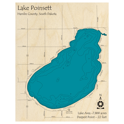 Bathymetric topo map of Lake Poinsett, SD with roads, towns and depths noted in blue water.