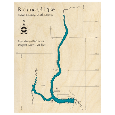 Bathymetric topo map of Richmond Lake, SD with roads, towns and depths noted in blue water.