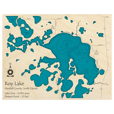 Bathymetric topo map of Roy Lake, SD with roads, towns and depths noted in blue water.