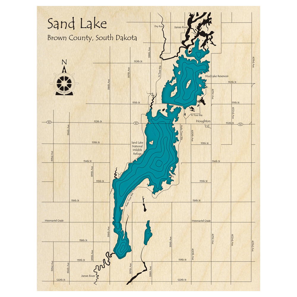 Bathymetric topo map of Sand Lake, SD with roads, towns and depths noted in blue water.