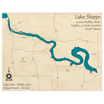 Bathymetric topo map of Lake Sharpe, SD with roads, towns and depths noted in blue water.